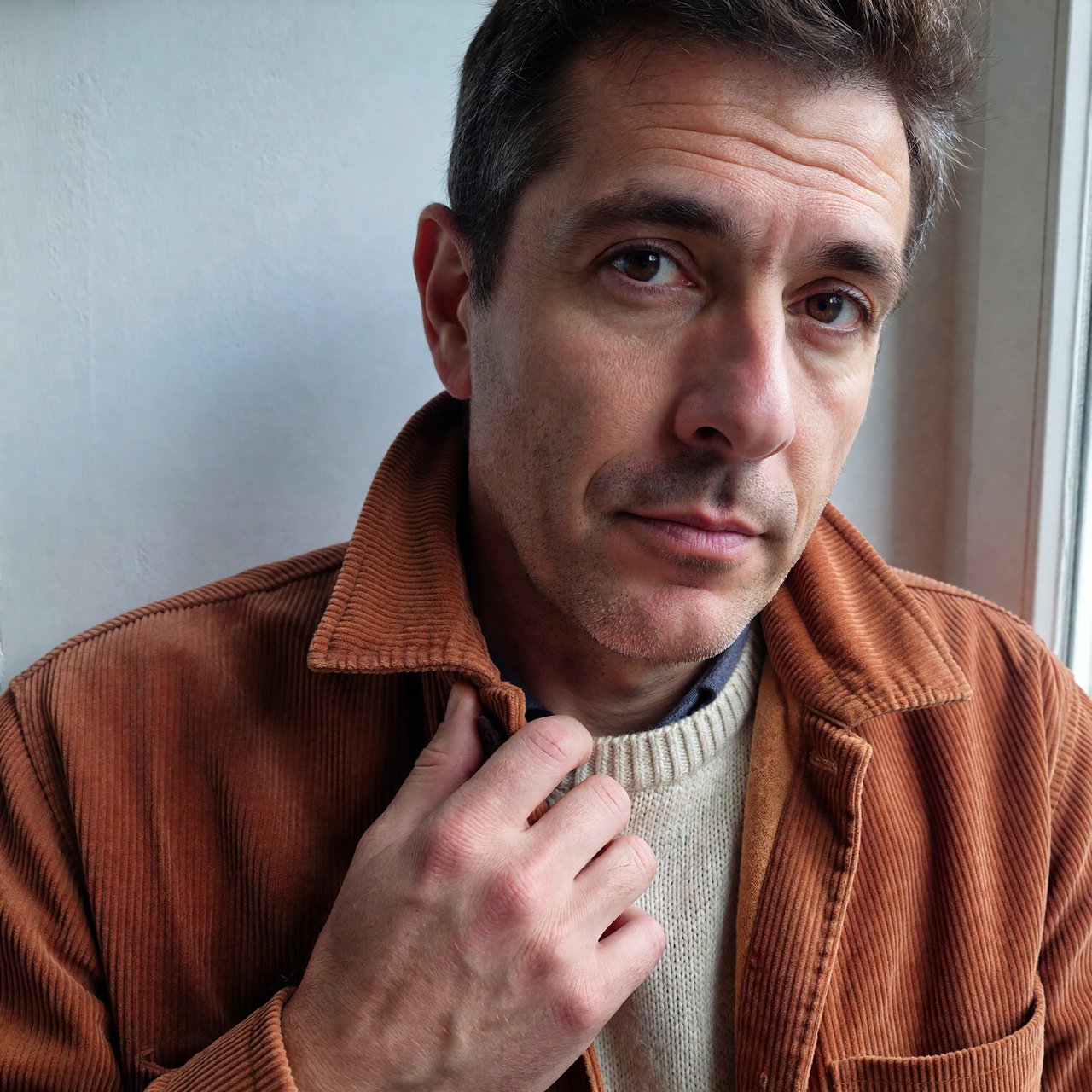 Portrait photograph of an adult man in his late 30s wearing a rust-colored corduroy overshirt over a cream knit, fingertips resting on its broad collar. His quietly curious gaze meets the camera against a pale blue plaster backdrop, softly lit by cool side-window light. — ImagineArt 1.5 Pro