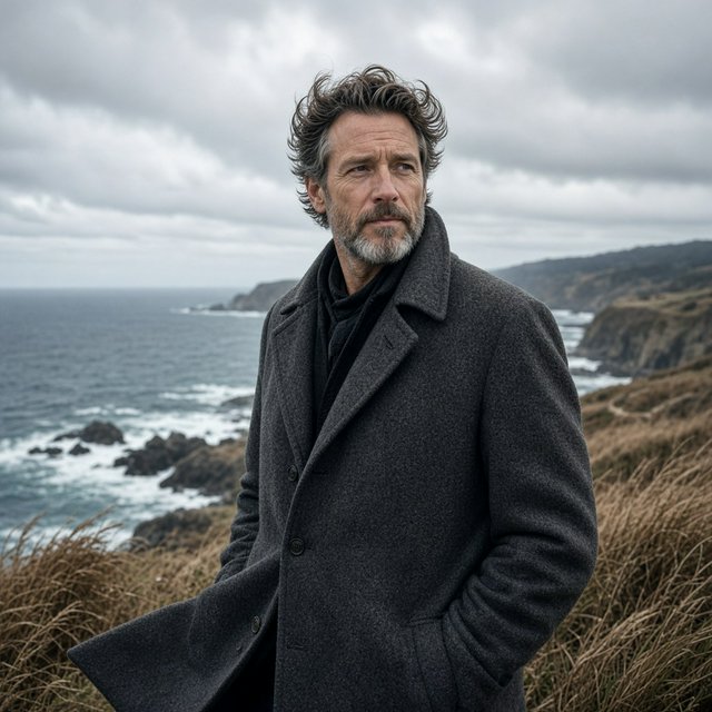 Wind lifts the hem of a charcoal wool coat as an adult man in his late 40s keeps a pensive gaze. The portrait frames him against a windswept coastal bluff beneath cool, cloud-filtered daylight. — Grok Imagine Image 2