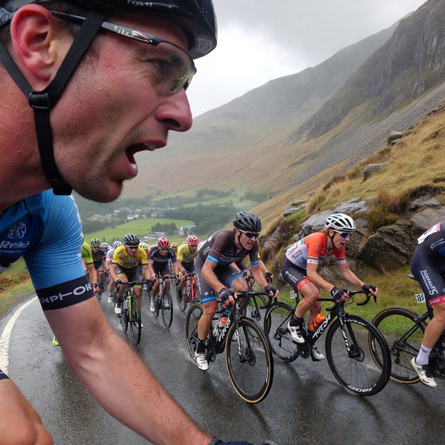 A frontal, close-up shot of a field of competitive cyclists ascending a mountain in the rain. In the background, we see a lush green valley with a small town. — ImagineArt 1.5 Pro