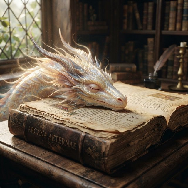 A mystical dragon's head, slender and dreamy, rests upon the yellowed pages of an ancient tome, the cover worn and mysterious, as soft warm light pours in through a nearby window, casting a serene ambiance, the air thick with the scent of old parchment and forgotten knowledge. — Nano Banana 2 Lite