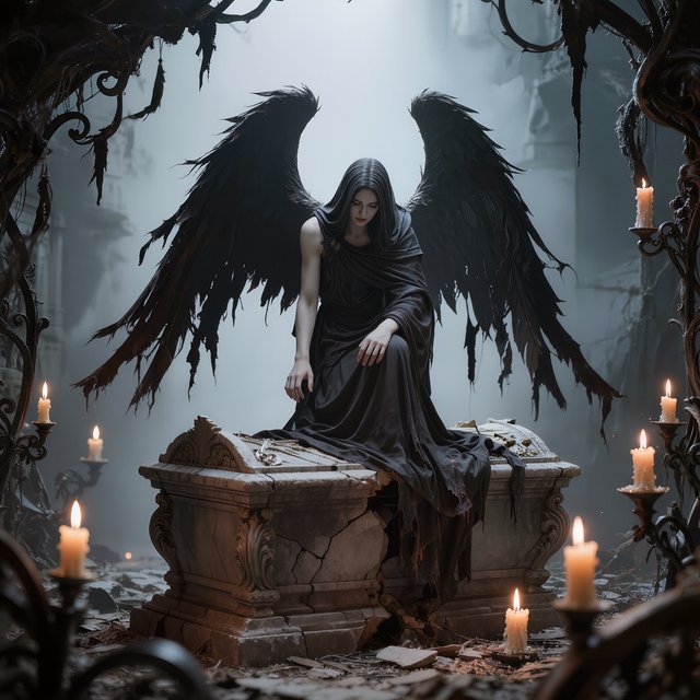 A majestic fallen angel with wings like a dark, tattered cloak, poses dramatically on a crumbling, Victorian-era inspired graveyard tomb, surrounded by twisted, black ironwork and flickering, orange candelabras, as if plucked from a haunting, nightmare. — Kling v3