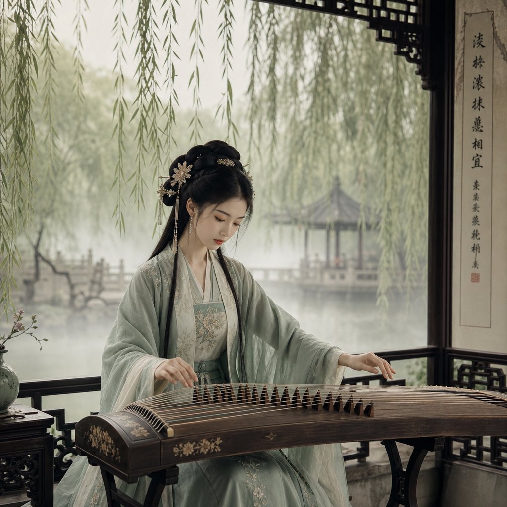 An elegant ancient Chinese lady in hanfu plays the guzheng in a quiet garden pavilion, surrounded by willow trees and mist, creating a poetic atmosphere. — GPT Image 2