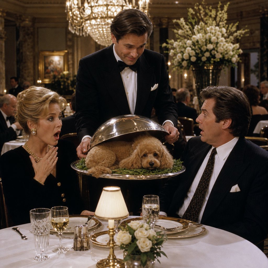A very posh, well-lit 1990s restaurant with beautiful, tasteful decor. A husband and wife dine in a high-class restaurant. The waiter serves something very surprising as the main course! — GPT Image 2