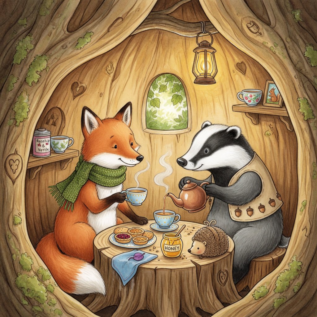Children's book illustration of a fox and a badger sharing tea in a hollow tree, watercolour and ink, warm and gentle. — Grok Imagine Image Quality