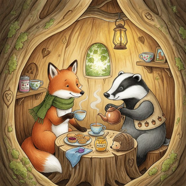 Children's book illustration of a fox and a badger sharing tea in a hollow tree, watercolour and ink, warm and gentle. — Grok Imagine Image Quality