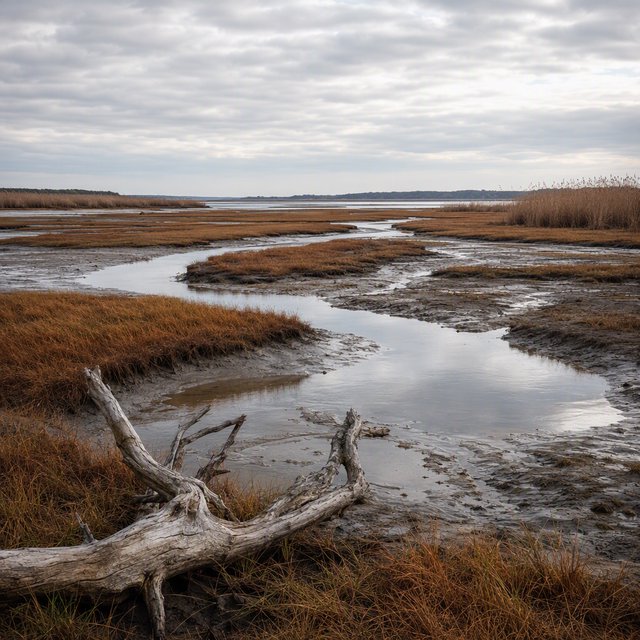 An expansive salt marsh at low tide under a pale overcast afternoon, winding channels reflecting silver sky between russet grasses, a weathered driftwood branch in the foreground, distant reeds and receding mud ridges revealing layered depth and wet natural texture. — GPT Image 2