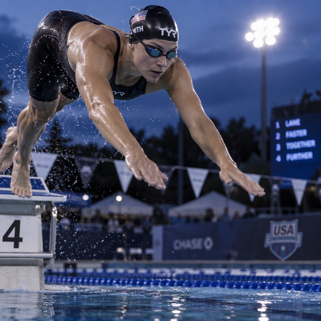 Under the blue-hour floodlights, an adult swimmer drives off the starting block into an outdoor pool. A real-world sports press photo, shot at 200mm with shallow depth of field, captures beads of water suspended around her shoulder. — GPT Image 2.5 Sunburst