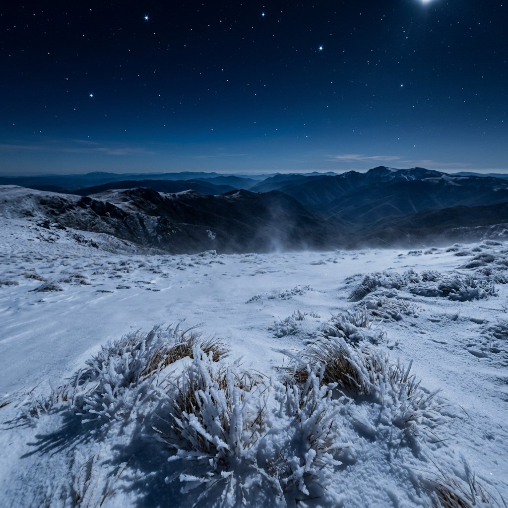 Moonlight washes a snowbound high plateau beneath sharp stars, while dry flurries cross the midnight air; frost feathers the foreground tussocks, and dark, rolling ridgelines recede into a blue-black distance. — Nano Banana 2.1