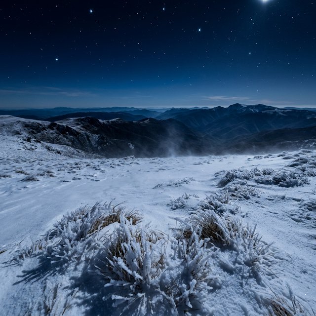 Moonlight washes a snowbound high plateau beneath sharp stars, while dry flurries cross the midnight air; frost feathers the foreground tussocks, and dark, rolling ridgelines recede into a blue-black distance. — Nano Banana 2.1