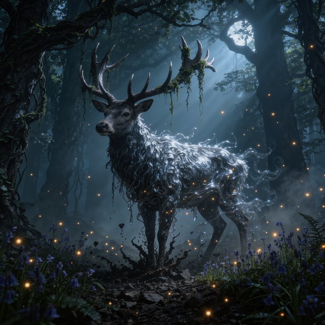 Low-angle wide shot, ancient overgrown oak forest at midnight: a colossal ghost stag looms, its semi-transparent form woven from swirling inky mist threaded with liquid silver moonlight. Polished obsidian antlers cut through shadow, jagged edges catching faint starlight, moss dangling from their points. Heavy hooves press into the loamy forest floor, wild bluebells and ferns curling black and crumbling to ash beneath each step. Hundreds of faint gold fireflies drift slowly through thick volumetric fog, their glows diffused in the haze. Deep indigo and charcoal color palette, somber quiet dread, atmospheric dark fantasy aesthetic, soft dappled moonlight filtering through a gnarled canopy, cinematic depth of field, sharp fine edges on the stag's antlers and decaying foliage. — Kling v3 Omni