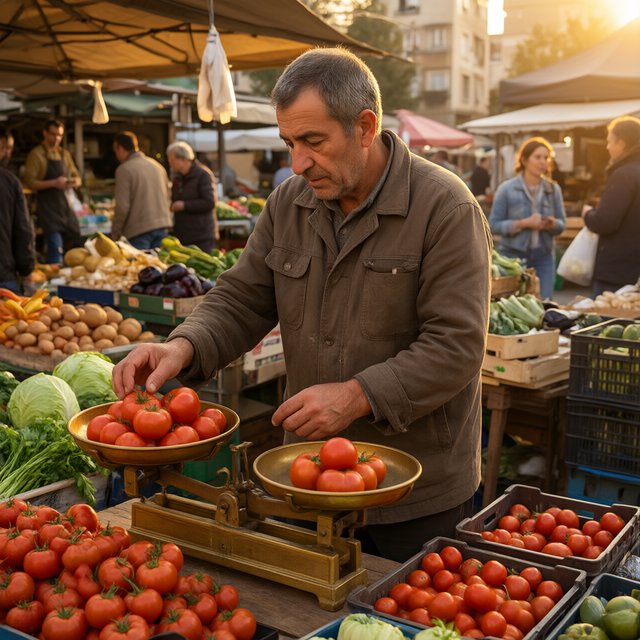 Candid street photograph of an outdoor vegetable market at golden hour, a vendor weighing tomatoes on a brass scale, shallow depth of field, 50mm lens. — Qwen Image 3.0