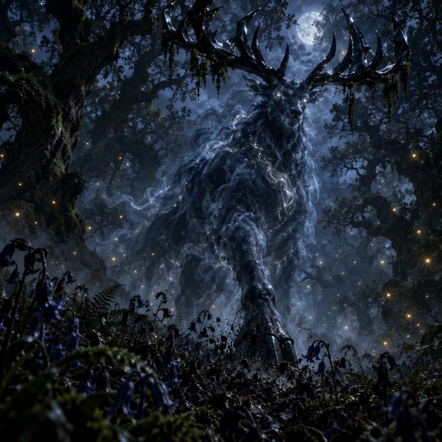 Low-angle wide shot, ancient overgrown oak forest at midnight: a colossal ghost stag looms, its semi-transparent form woven from swirling inky mist threaded with liquid silver moonlight. Polished obsidian antlers cut through shadow, jagged edges catching faint starlight, moss dangling from their points. Heavy hooves press into the loamy forest floor, wild bluebells and ferns curling black and crumbling to ash beneath each step. Hundreds of faint gold fireflies drift slowly through thick volumetric fog, their glows diffused in the haze. Deep indigo and charcoal color palette, somber quiet dread, atmospheric dark fantasy aesthetic, soft dappled moonlight filtering through a gnarled canopy, cinematic depth of field, sharp fine edges on the stag's antlers and decaying foliage. — GPT Image 2.5 Flare