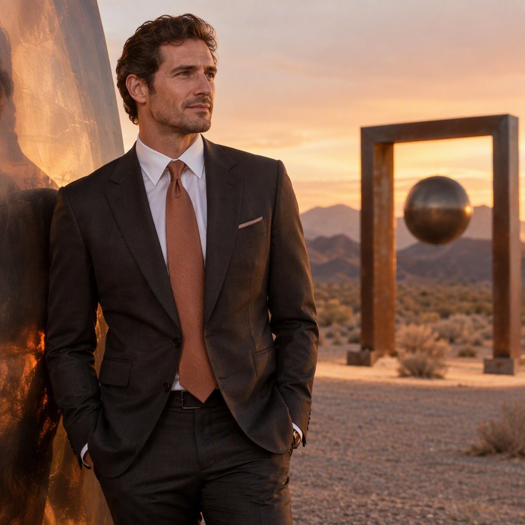 Editorial glamour photograph of an adult man in a charcoal evening suit with a muted copper tie, standing at ease beside a desert art installation, flattering sunset light warming the sculptural landscape, composed expression and refined magazine atmosphere. — GPT Image 2.5 Sunburst