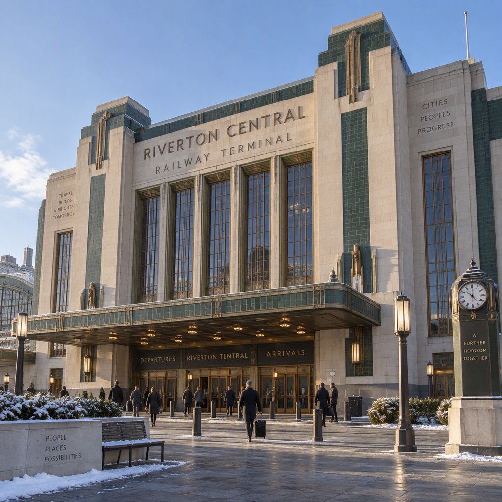 Exterior of an Art Deco railway terminal in pale limestone and dark green glazed brick, with stepped massing, bronze-framed windows, and a broad canopy; clear winter morning light, viewed from the station forecourt, precise lines and credible structure. — GPT Image 2.5 Sunburst