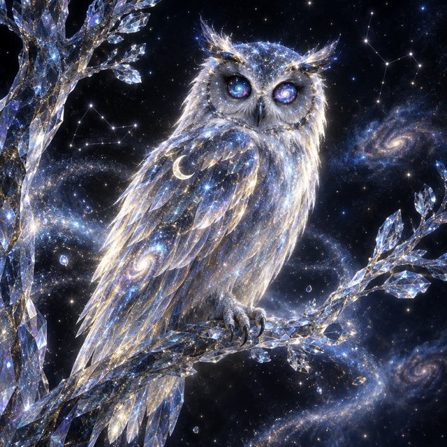 An ethereal owl with feathers made of shimmering moonlight and eyes like miniature galaxies, perched on a branch of a crystalline tree that grows in a void. Wisps of cosmic dust drift around it, and faint constellations are visible in the background. The scene evokes a sense of profound tranquility and celestial mystery. Style: Ethereal, surrealism, with a touch of photorealism. — GPT Image 2.5 Flare