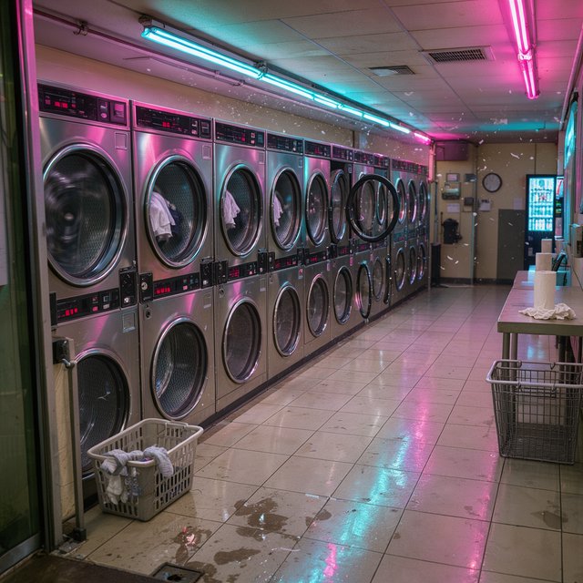 Neon washes a nearly empty overnight laundromat, reflections trembling across tiled floor and spinning steel drums. A handheld street snapshot under magenta and cyan tubes, shot at 35mm with moderate depth of field, catches lint drifting in the air. — FLUX 3 Image Klein