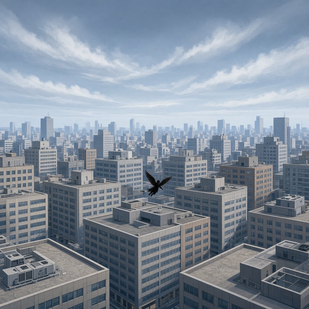 Clean cel-shaded painted cityscape, wide high-angle elevated rooftop level shot looking out over dense modern downtown office buildings, small dark winged figure hovering above central midground rooftops, pale overcast deep blue sky with wispy white clouds, diffused even daylight lighting with soft subtle ambient shadows, muted cool grey, beige, blue building facades with uniform office windows, flat concrete building rooftops, receding hazy distant city skyline with atmospheric perspective, eye level relative to building tops, no outlines, smooth flat color rendering, no grain. — Grok Imagine Image 2