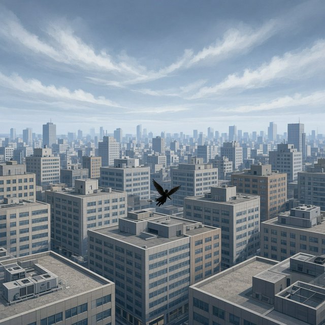 Clean cel-shaded painted cityscape, wide high-angle elevated rooftop level shot looking out over dense modern downtown office buildings, small dark winged figure hovering above central midground rooftops, pale overcast deep blue sky with wispy white clouds, diffused even daylight lighting with soft subtle ambient shadows, muted cool grey, beige, blue building facades with uniform office windows, flat concrete building rooftops, receding hazy distant city skyline with atmospheric perspective, eye level relative to building tops, no outlines, smooth flat color rendering, no grain. — Grok Imagine Image 2