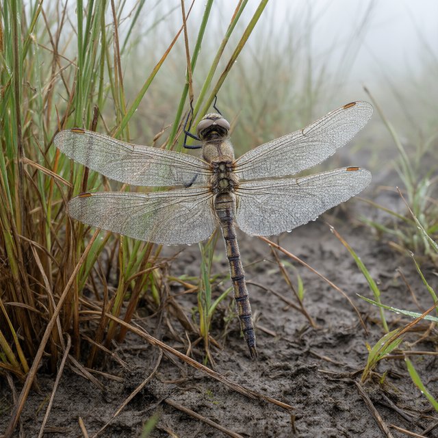 On a peaty marsh edge, a dragonfly rests among sedges after a light morning shower; dew beads on its veined wings and granular mud, while reed stems soften into pale fog behind it. — Qwen Image 3.0