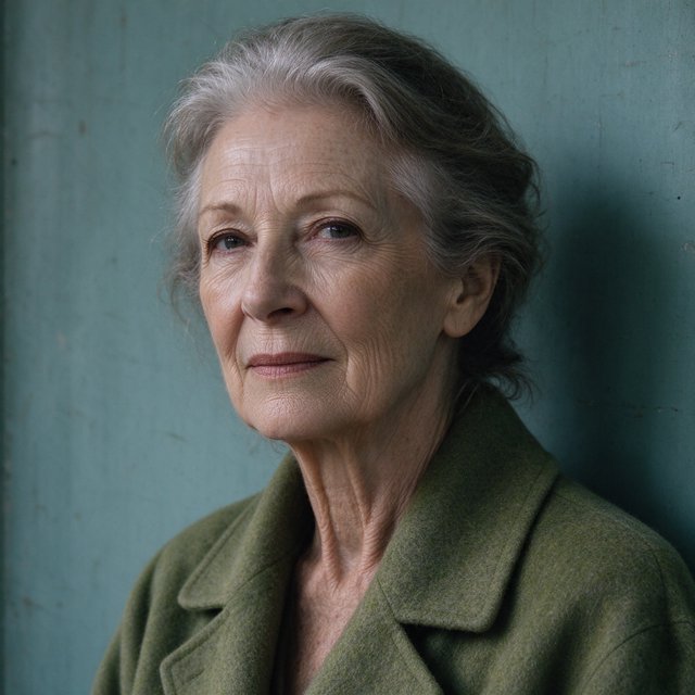 Beside a faded teal studio wall, a close-up fashion portrait frames an adult woman aged 68–76, her weathered skin softly detailed; she wears a moss-green wool coat and holds a calm, searching gaze in gentle side light. — Model 19