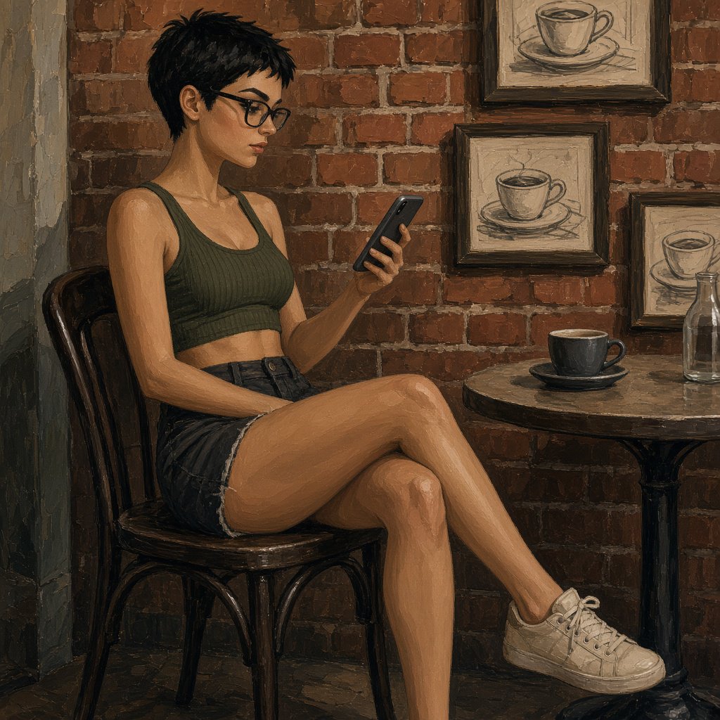 SUBJECT: Side view of a young woman seated at a cafe table, beautiful legs crossed, reading her phone. CHARACTER: 25-year-old woman with an extremely short black pixie cut, all hair under one inch. Stylish glasses, tight dark green ribbed tank top, bare midriff, shorts, comfortable shoes. SETTING: Trendy urban cafe, red brick walls decorated with framed sketches of coffee mugs. STYLE: Stylized semi-realistic digital painting, animation-inspired characters and environments. Expressive faces, large eyes, strong brows, simplified anatomy, convincing 3D volume and depth. Painterly shape-based rendering, minimal outlines, soft blended shading, broad angular brushstrokes. Luminous colors, warm undertones, restrained highlights. Hair and textures rendered in sculpted masses with selective fine detail. Muted charcoal and earthy palette, soft directional light, cohesive shadows, atmospheric depth. Detailed eyes and lips, simplified backgrounds, loose edges, unfinished brushwork. — Grok Imagine Image 2