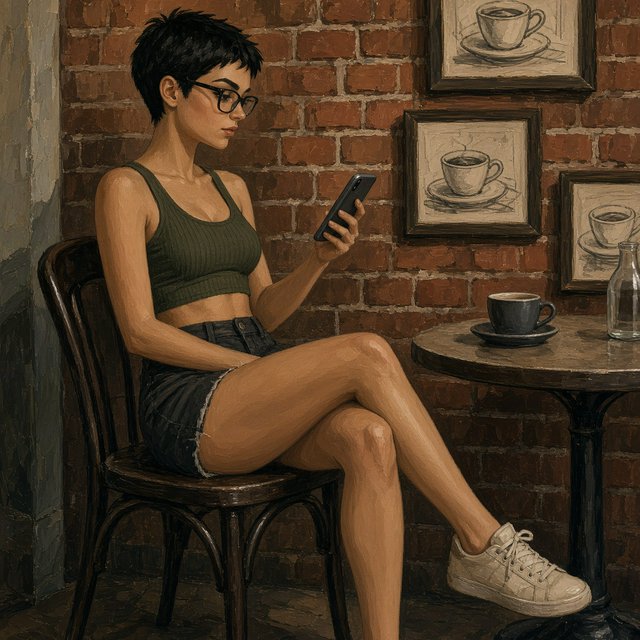SUBJECT: Side view of a young woman seated at a cafe table, beautiful legs crossed, reading her phone. CHARACTER: 25-year-old woman with an extremely short black pixie cut, all hair under one inch. Stylish glasses, tight dark green ribbed tank top, bare midriff, shorts, comfortable shoes. SETTING: Trendy urban cafe, red brick walls decorated with framed sketches of coffee mugs. STYLE: Stylized semi-realistic digital painting, animation-inspired characters and environments. Expressive faces, large eyes, strong brows, simplified anatomy, convincing 3D volume and depth. Painterly shape-based rendering, minimal outlines, soft blended shading, broad angular brushstrokes. Luminous colors, warm undertones, restrained highlights. Hair and textures rendered in sculpted masses with selective fine detail. Muted charcoal and earthy palette, soft directional light, cohesive shadows, atmospheric depth. Detailed eyes and lips, simplified backgrounds, loose edges, unfinished brushwork. — Model 5