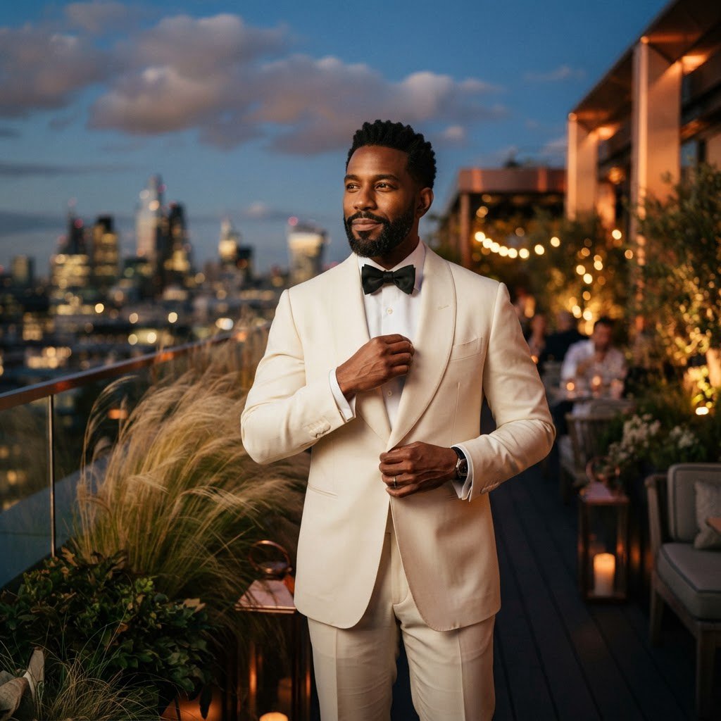 Under the copper glow of a rooftop terrace, an adult Black man in a tailored cream dinner suit is caught smoothing his lapel as evening breeze stirs nearby grasses; calm poise, sculpted shadows and refined fashion-magazine polish. — Nano Banana 2 Lite