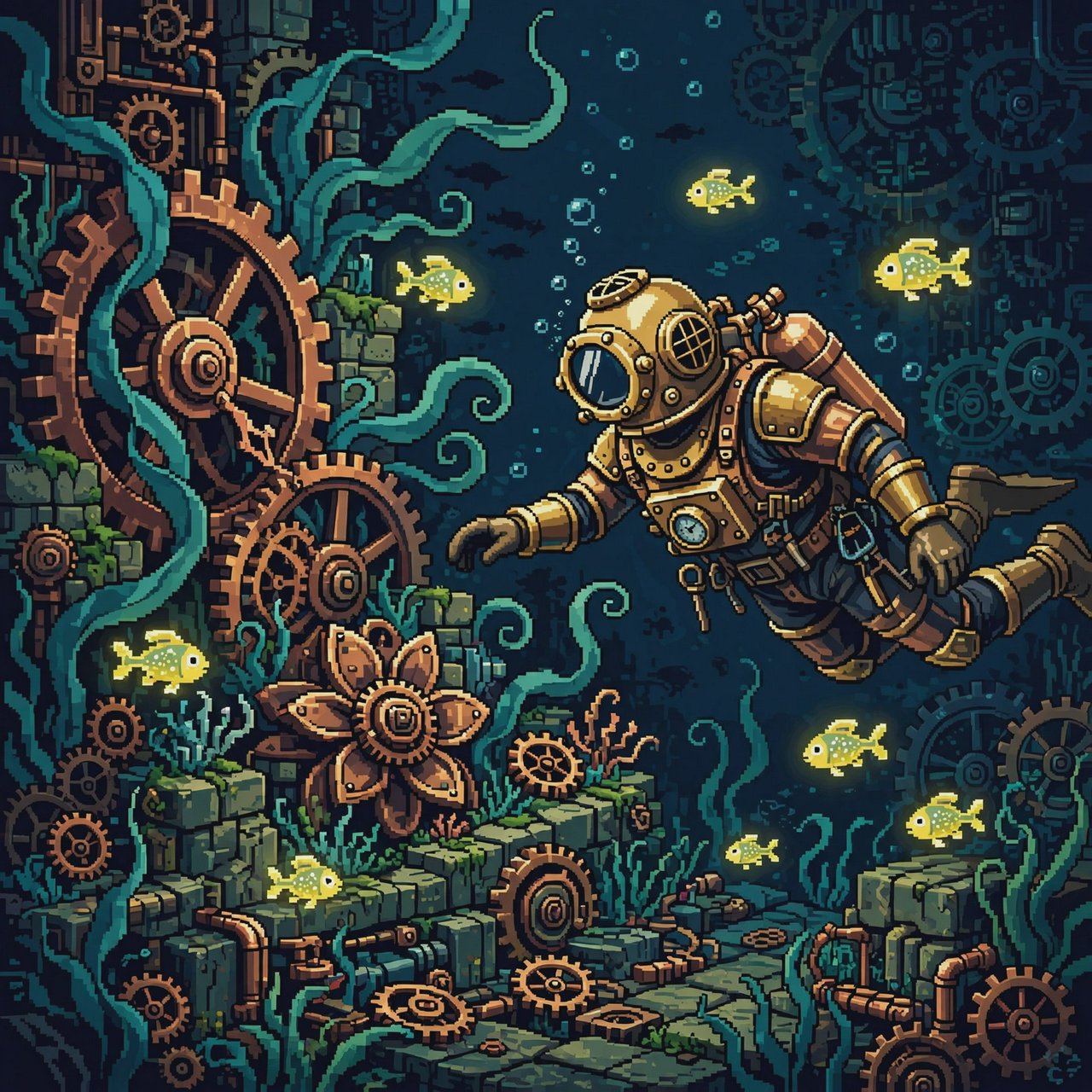 A brass-suited adult diver explores a submerged clockwork garden, where kelp curls around sunken gears and tiny fish glow in the dark; pixel art illustration, palette of teal, copper, midnight blue, and lemon yellow. — Muse Image 1.0