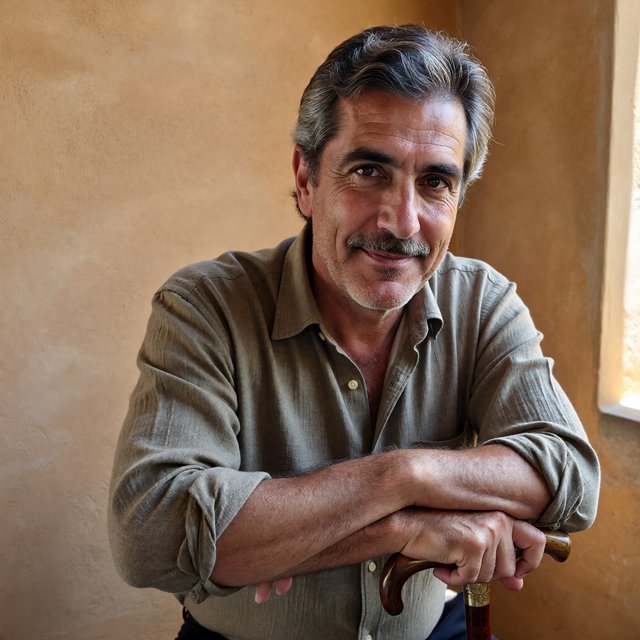 Portrait photograph of an adult man in his 40s with silver-streaked hair, wearing a textured olive linen shirt and rolled sleeves, hands resting on a wooden cane, relaxed expression, ochre plaster backdrop, soft window light from the side. — ImagineArt 1.5 Pro