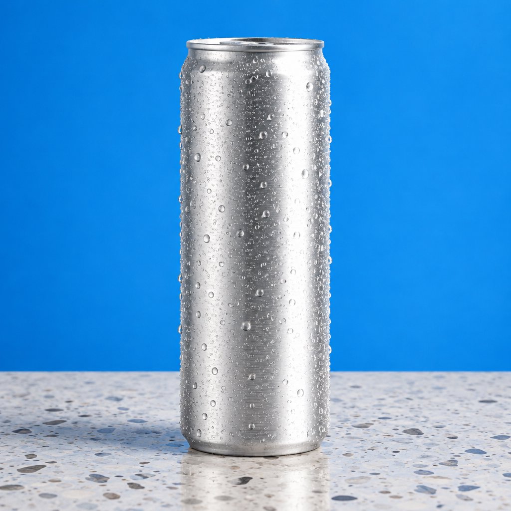 A slim, unbranded sparkling-water can of brushed aluminum, beaded with condensation, stands on a pale terrazzo surface against a seamless electric-blue background; broad overhead diffusion and a crisp side strip create clean highlights, with no lettering or graphics. — GPT Image 2.5 Sunburst