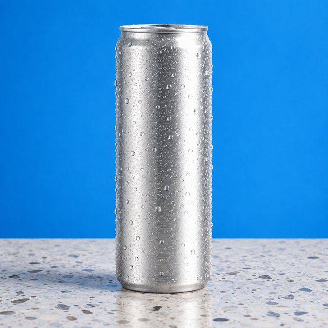 A slim, unbranded sparkling-water can of brushed aluminum, beaded with condensation, stands on a pale terrazzo surface against a seamless electric-blue background; broad overhead diffusion and a crisp side strip create clean highlights, with no lettering or graphics. — GPT Image 2.5 Sunburst