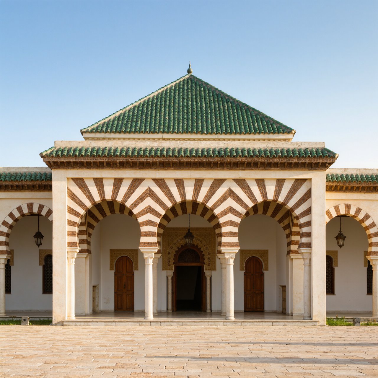 Exterior of a Moorish Revival municipal bathhouse, pale buff stucco, striped brick arches, green glazed tile roof and carved cedar doors; clear morning light, viewed across a paved courtyard, with coherent structure and crisp lines. — Kling v3 Omni