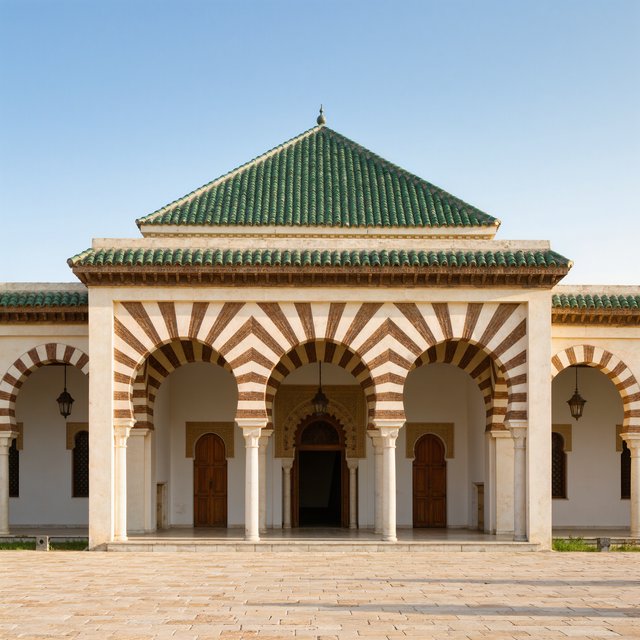 Exterior of a Moorish Revival municipal bathhouse, pale buff stucco, striped brick arches, green glazed tile roof and carved cedar doors; clear morning light, viewed across a paved courtyard, with coherent structure and crisp lines. — Kling v3 Omni