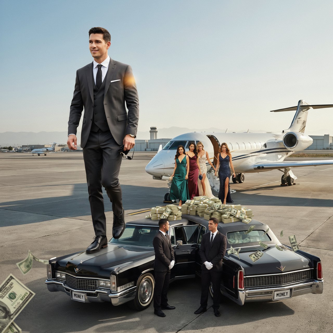 A man dressed in very nice formal clothes is getting off a private black-and-white plane. Many beautiful adult women in dresses are following the man. The man is heading toward a very high-end classic black car. The word "Money" is on the car's license plate. On top of the car is a ton of money. It is the afternoon. The vibe is cool and rich. — Ideogram v4