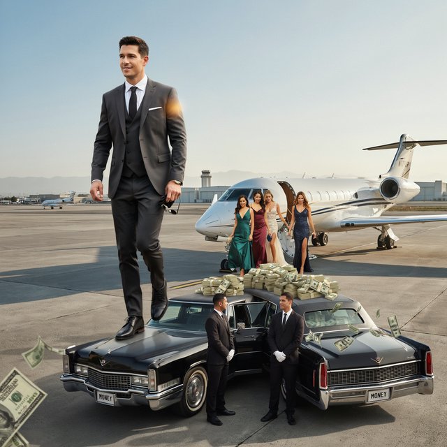 A man dressed in very nice formal clothes is getting off a private black-and-white plane. Many beautiful adult women in dresses are following the man. The man is heading toward a very high-end classic black car. The word "Money" is on the car's license plate. On top of the car is a ton of money. It is the afternoon. The vibe is cool and rich. — Ideogram v4