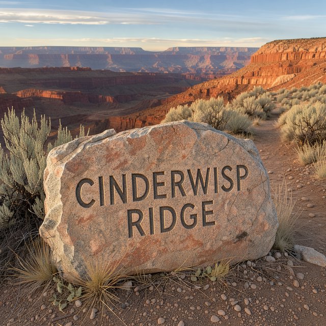 At a high desert canyon overlook, a weathered granite trail marker rises among sage and pale grasses; "CINDERWISP RIDGE" is deeply carved across its broad face, the cut letters catching slanting amber light. — FLUX 3 Image Klein