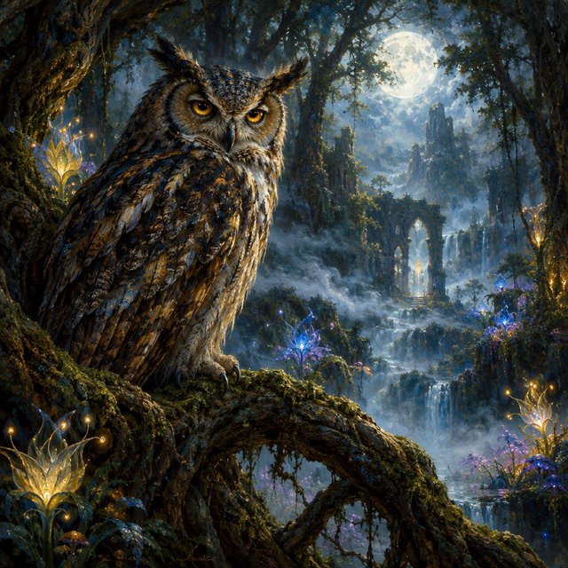A majestic owl with ancient, knowing eyes perched on a gnarled branch within an ethereal forest. Moonlight filters through the dense canopy, illuminating swirling mists and glowing flora. The scene evokes a sense of deep mystery and ancient magic. Rendered in the style of magical realism with rich oil painting textures. — GPT Image 2.5 Flare
