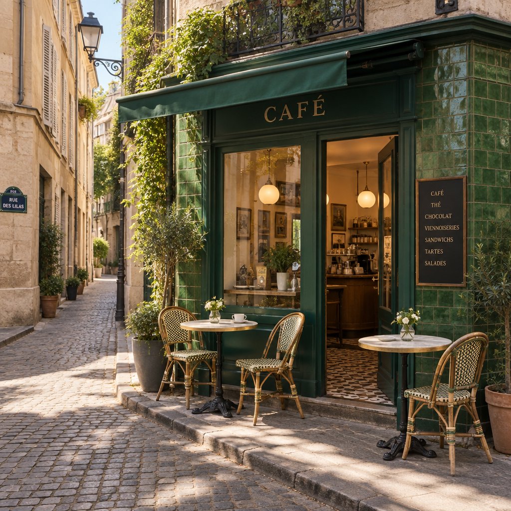 A tiny corner café in a narrow European street, green tiled facade, two bistro tables, morning light, no people. — GPT Image 2.5 Sunburst