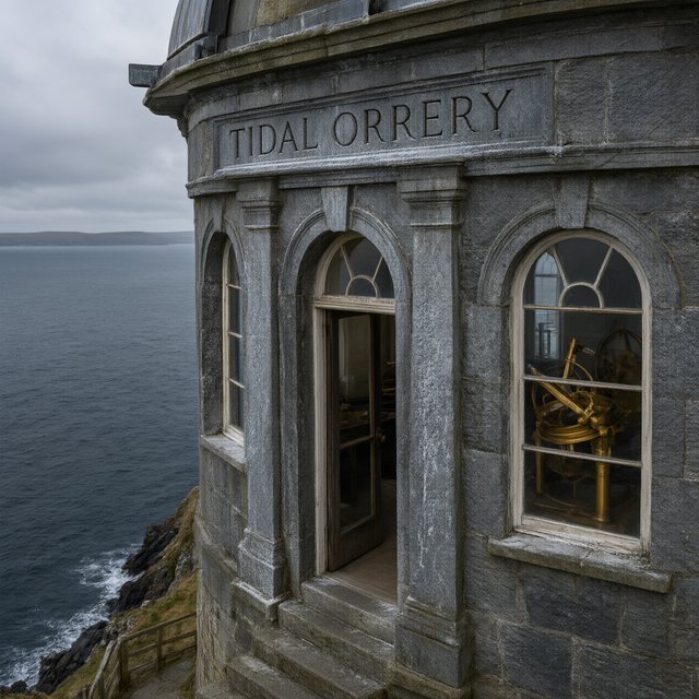 A weathered coastal observatory overlooks dark water, its brass instruments visible through arched windows; "TIDAL ORRERY" is carved into a slate lintel above the entrance, salt spray softening the deep engraved grooves. — Qwen Image 3.0