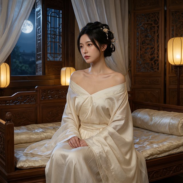 A beautiful adult Chinese woman in her 20s wearing an elegant, subtly sensual Song Dynasty–inspired hanfu with a loose off-shoulder neckline, gracefully exposing her shoulders and collarbones. She sits on an ornate wooden bed inside a refined ancient Chinese bedroom at night, surrounded by gauze curtains, carved screens and softly glowing lanterns. Moonlight filters through the lattice window, creating a romantic, intimate atmosphere. Luxurious silk fabrics, delicate hair ornaments, natural feminine pose, cinematic lighting, historically inspired details, tasteful and sophisticated. — Qwen Image 3.0 Pro