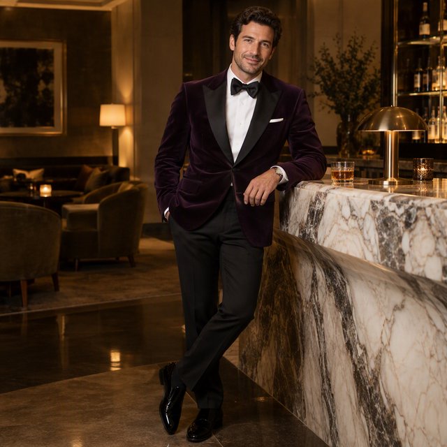 Editorial glamour photograph of an adult man in a midnight-plum dinner jacket and black trousers, standing naturally beside a sculptural marble bar in a quiet hotel lounge, flattering amber light, easy smile, polished editorial elegance. — GPT Image 2.5 Flare