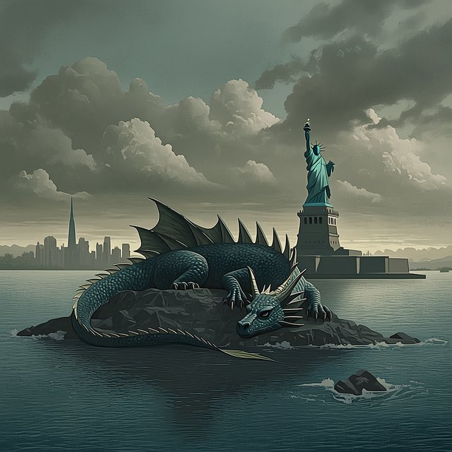 A dragon sleeping on the Statue of Liberty on a moody, overcast day. — Midjourney Niji 7