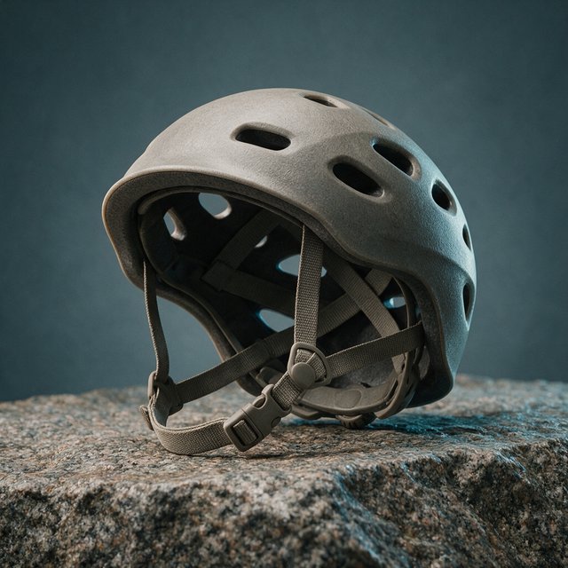 Against a muted slate backdrop, an unbranded climbing helmet with a matte recycled-polymer shell and woven nylon straps rests on rough granite; broad diffused key light and a cool rim light shape this commercial product image, with no lettering. — Seedream 5.0 Pro