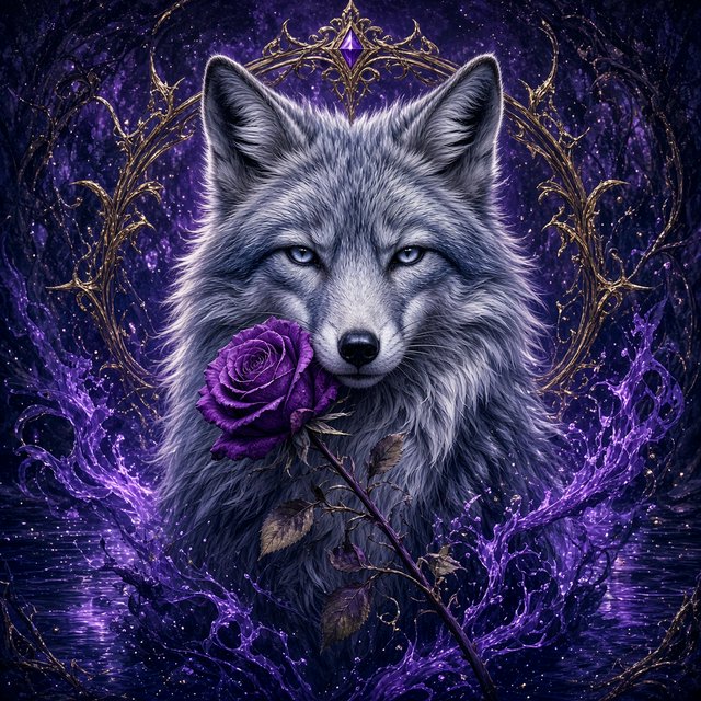 a silver fox holding a purple rose in its mouth, deep color, fantastical, intricate detail, splash screen, complementary colors, fantasy concept art — Model 5