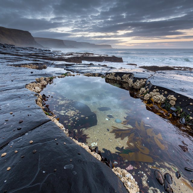 At dawn on a rugged basalt shore, a tide pool mirrors clearing rain clouds; translucent water reveals rippled sand, barnacle-crusted rock, and blurred kelp below the surface, with slick foreground stone leading toward hazy coastal cliffs. — FLUX 3 Image