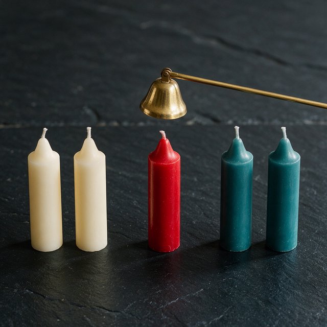 Exactly five candles stand on a dark slate tabletop: two ivory candles on the left, one red candle in the center, and two teal candles on the right. A brass snuffer sits above the red candle, nothing else. — Seedream 5.0 Pro