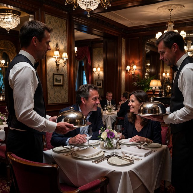 A very posh, well-lit 1990s restaurant with beautiful, tasteful decor. A husband and wife dine in a high-class restaurant. The waiter serves something very surprising as the main course! — ImagineArt 1.5 Pro
