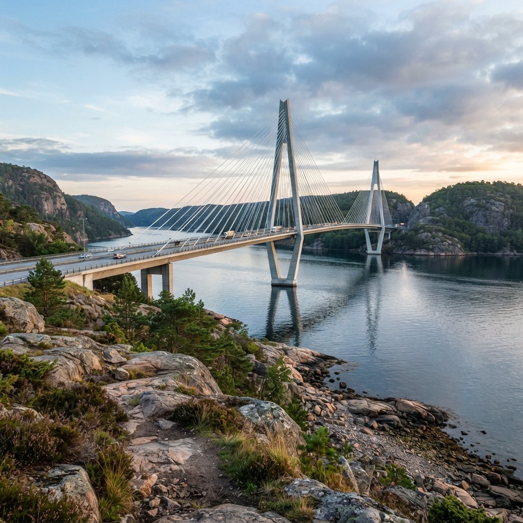 Across a sheltered coastal inlet, a contemporary high-tech cable-stayed bridge spans between granite shores, its slender steel pylons and pale concrete deck catching cool sunrise light; viewed from a rocky bank, straight lines and credible engineering define the scene. — Nano Banana 2 Lite