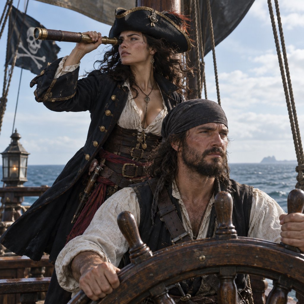 A pirate woman wearing a tricorne hat and an open coat stands behind the helmsman, scanning the horizon for danger. — GPT Image 2.5 Flare