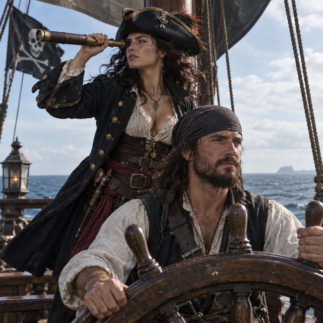 A pirate woman wearing a tricorne hat and an open coat stands behind the helmsman, scanning the horizon for danger. — GPT Image 2.5 Flare